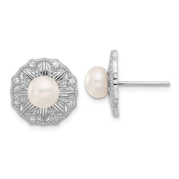 Rhodium Over Sterling Silver Textured 5-6mm Freshwater Cultured Pearl
Flower Post Earrings