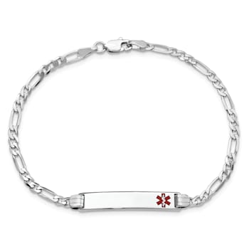 Rhodium Over 14k White Gold Medical Red Enamel Figaro Link ID Bracelet