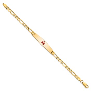 14k Yellow Gold Medical Soft Diamond Shape Red Enamel Figaro Link ID Bracelet