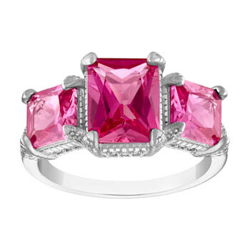 Lab Created Pink Sapphire 3-Stone Sterling Silver Ring 4.51 ctw