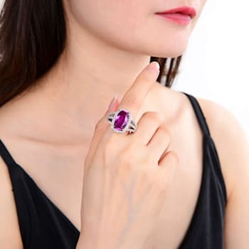 Cushion Cut Lab Created Purple Sapphire and White Topaz Accents Sterling
Silver Ring, 9.59ctw