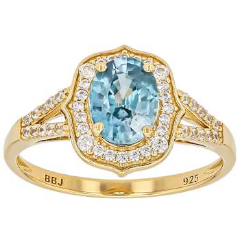 Blue Zircon And White Zircon Oval Ring In 18K Gold Over Sterling Silver 2.23ctw