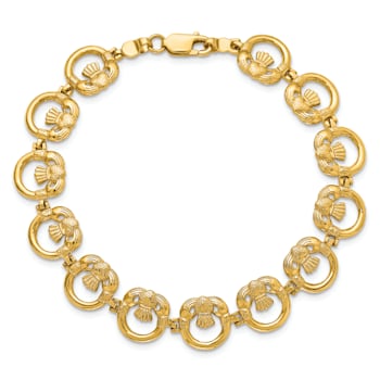 14k Yellow Gold Textured Claddagh Circle Horizontal Link Bracelet