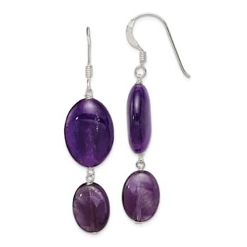 Sterling Silver Polished Amethyst and Dark Purple Jadeite Oval Dangle Earrings