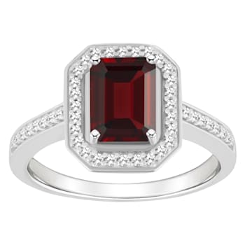 8x6mm Emerald Cut Garnet 1/5 ctw Diamond Rhodium Over Sterling Silver
Halo Ring