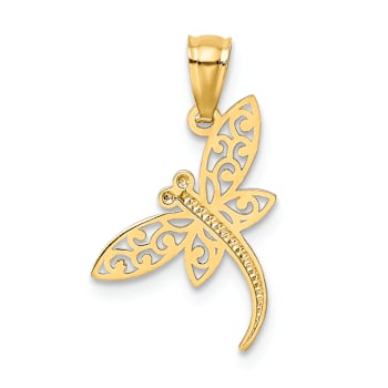 14k Yellow Gold Satin and Diamond-Cut Dragonfly Pendant