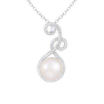 9-10mm Button White Cultured Freshwater Pearl and CZ Rhodium Over
Sterling Silver Pendant