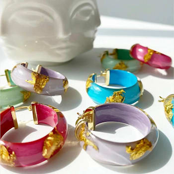 14K Yellow Gold Over Sterling Silver Mini Gold Leaf Acrylic Hoops in
Mint Green