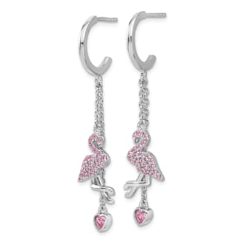 Rhodium Over Sterling Silver Pink Cubic Zirconia Flamingo Heart Post
Hoop Earrings