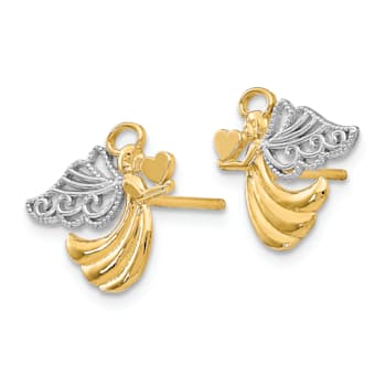 14k Yellow Gold and Rhodium Over 14k Yellow Gold Angel with Heart Stud Earrings