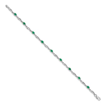 Rhodium Over 14k White Gold Diamond and Emerald Bracelet