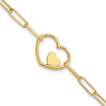 14K Yellow Gold Paperclip Link Heart 7.25-inch Bracelet