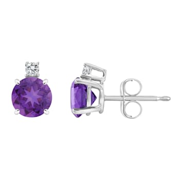 5mm Round Amethyst with Diamond Accents 14k White Gold Stud Earrings