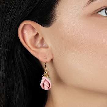 Gold Tone Pink Porcelain Rose Bud Leverback Earrings