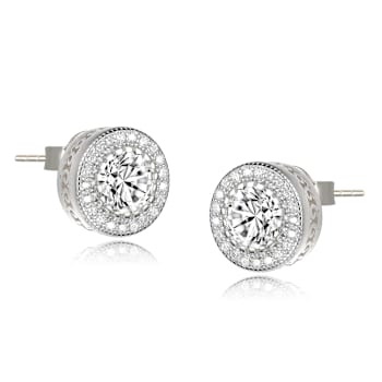 CZ Halo Stud Earrings In Sterling Silver