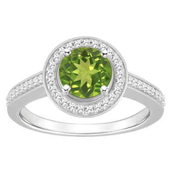 7mm Round Peridot 1/5 ctw Diamond Rhodium Over Sterling Silver Halo Ring