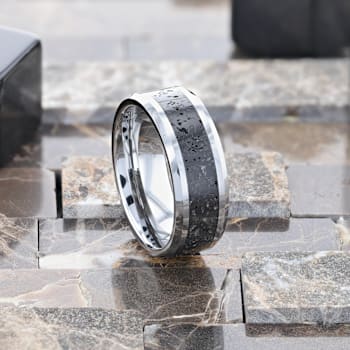 KILAUEA Men’s Polished Tungsten Wedding Band with Lava Rock Stone Inlay
w/Polished Beveled Edges 8mm