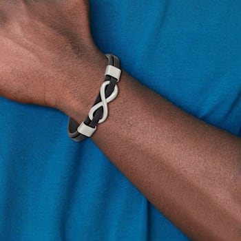 Black Leather and Stainless Steel Brushed and Polished Infinity Sign Bracelet