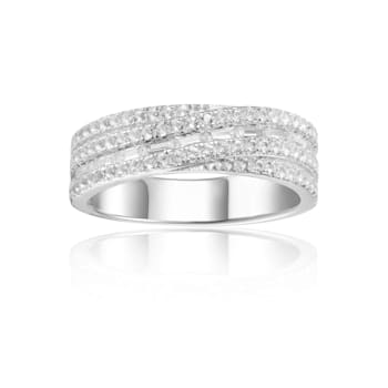 Baguette and Round White Topaz Sterling Silver Crossover Band Ring, 1.25ctw