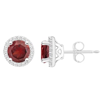 6mm Round Garnet 1/5 ctw Diamond Rhodium Over Sterling Silver Halo Stud Earrings