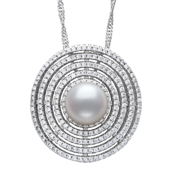 Sterling Silver Freshwater Pearl and Cubic Zirconia  Pendant with
Singapore Chain