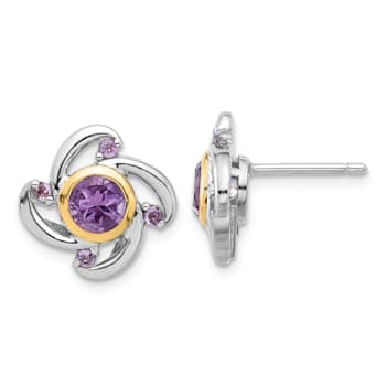 Sterling Silver with 14K Accent Rhodium-plated Amethyst and Pink Quartz Earrings