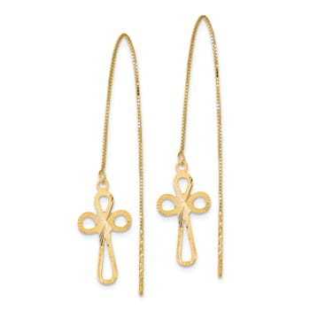 14K Yellow Gold Polished Diamond-Cut Box Chain with Cross Dangle Earrings