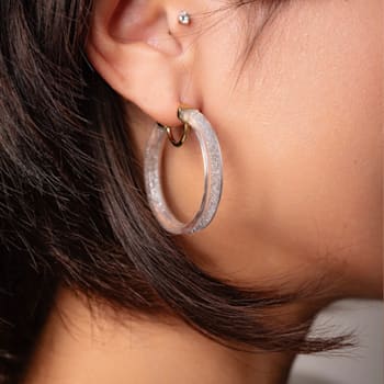 14K Yellow Gold Over Sterling Silver With Silver Color Glitter Clear
Acrylic Hoops