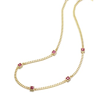 Ruby Color CZ Station Necklace In 14K Gold Over Brass