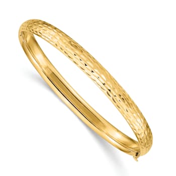 14k Yellow Gold Kids Polished, Textured and Diamond-Cut 5mm Hinged Bangle