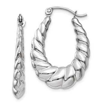 Rhodium Over 14k White Gold Polished and Textured 15/16" Oval Hoop Earrings