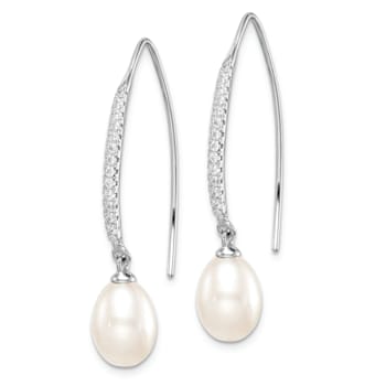 Rhodium Over Sterling Silver 7-8mm Freshwater Cultured Pearl and CZ
Threader Earrings