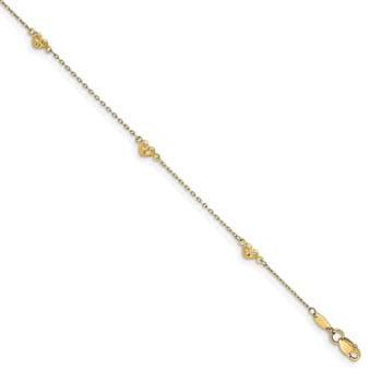 14K Yellow Gold Polished and Diamond-cut Heart with 1-inch Extension Anklet