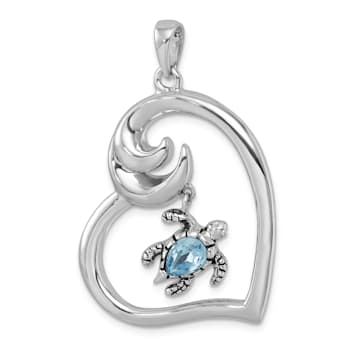 Rhodium Over Sterling Silver Crystal Turtle Heart with Wave Pendant