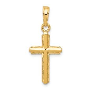 14k Yellow Gold Polished Cross with Stripped Border Pendant