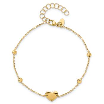 14K Yellow Gold Polished and Diamond-cut Heart and Beads Plus 1 Inch
Extension Bracelet