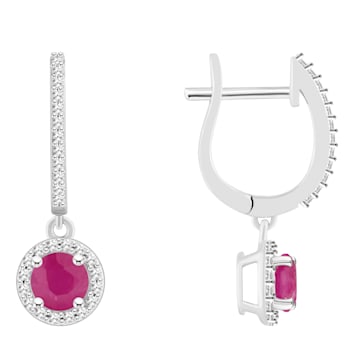 5mm Round Ruby 1/4 ctw Diamond Rhodium Over Sterling Silver Halo Dangle Earrings