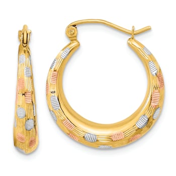 14k Tri-color Gold Polished, Satin and Diamond-Cut 7/8" Hoop Earrings