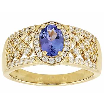 Tanzanite Oval And White Zircon Ring In 18K Gold Over Sterling Silver 1.37ctw