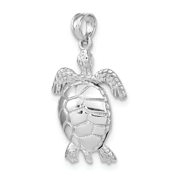 Rhodium Over 14k White Gold 3D Textured Moveable Sea Turtle Pendant