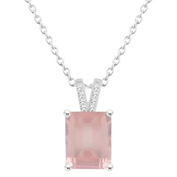 10x8mm Emerald Cut Rose Quartz With Diamond Accents Rhodium Over
Sterling Silver Pendant with Chain