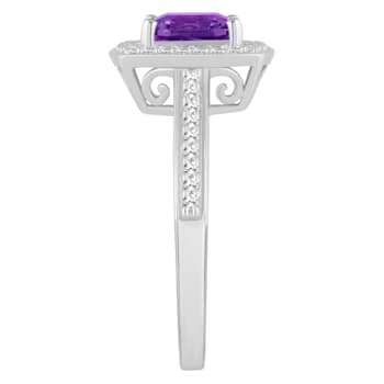 7mm Cushion Amethyst 1/4 ctw Diamond Rhodium Over Sterling Silver Halo Ring
