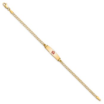 14k Yellow Gold Medical Soft Diamond Shape Red Enamel Curb Link ID Bracelet