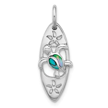 Rhodium Over Sterling Silver Polished Paua Shell Turtle Surfboard Pendant