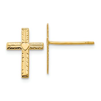 14k Yellow Gold Polished and Satin Heart Cross Earrings