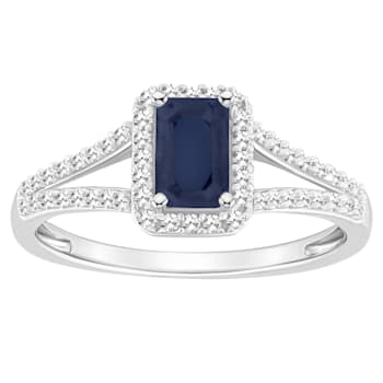 6x4mm Emerald Cut Sapphire 1/4 ctw Diamond Rhodium Over Sterling Silver
Halo Ring