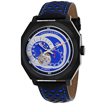 Christian Van Sant Men's Machina Blue Dial, Blue and Black Leather Strap Watch