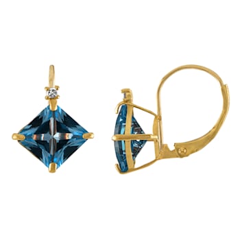 10K Yellow Gold Lab Created Aquamarine and Diamond Princess Leverback
Earrings 2.40ctw