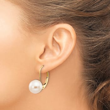 14K Yellow Gold 8-9mm White Round Freshwater Cultured Pearl Leverback Earrings