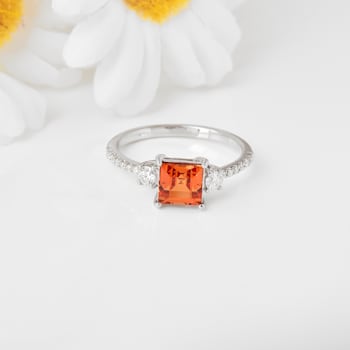 Peach Orange Lab Created Padparadscha Sapphire Rhodium Over Sterling
Silver Three Stone Ring